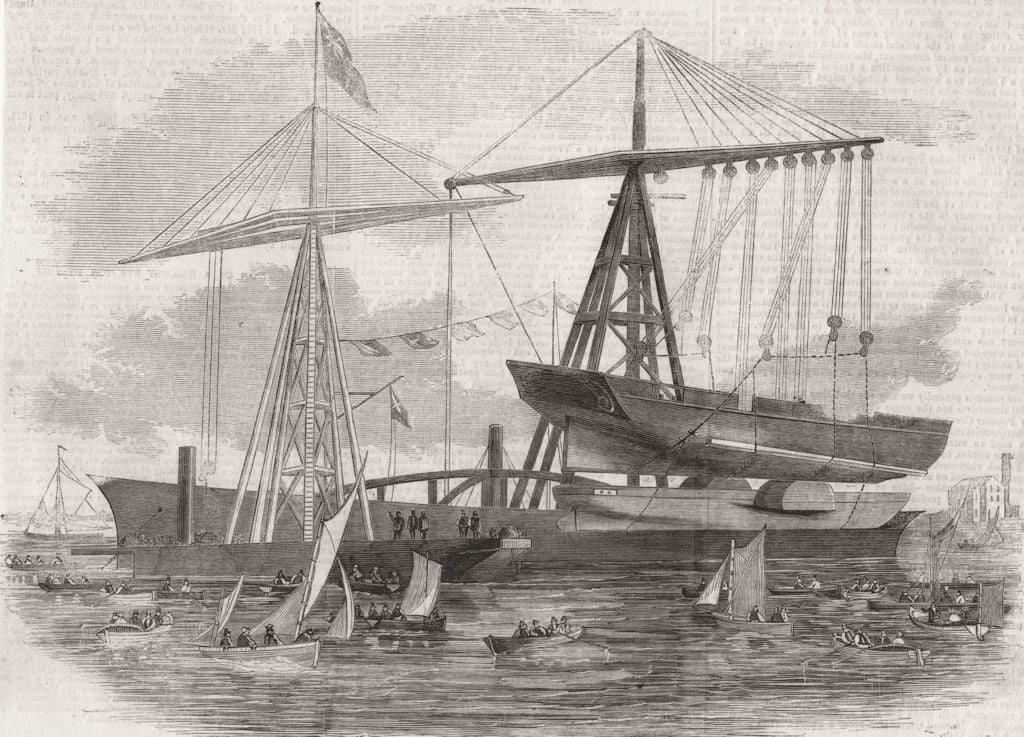 ENGINEERING. Lifting of Foreingen & Watersprite patent Derrick 1859 old print